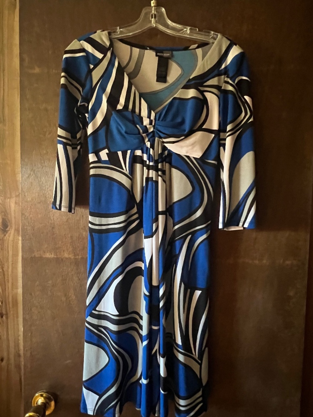 Bisou Bisou Michele Bohbot Blue Geometric Abstract V-Neck Stretch Dress Sz 4